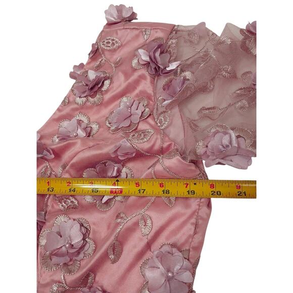 VNTG 80s Satin Dress Sz XL Pink 3D Flowers Chiffon Sleeves Fairy Princess Retro - Picture 10 of 12